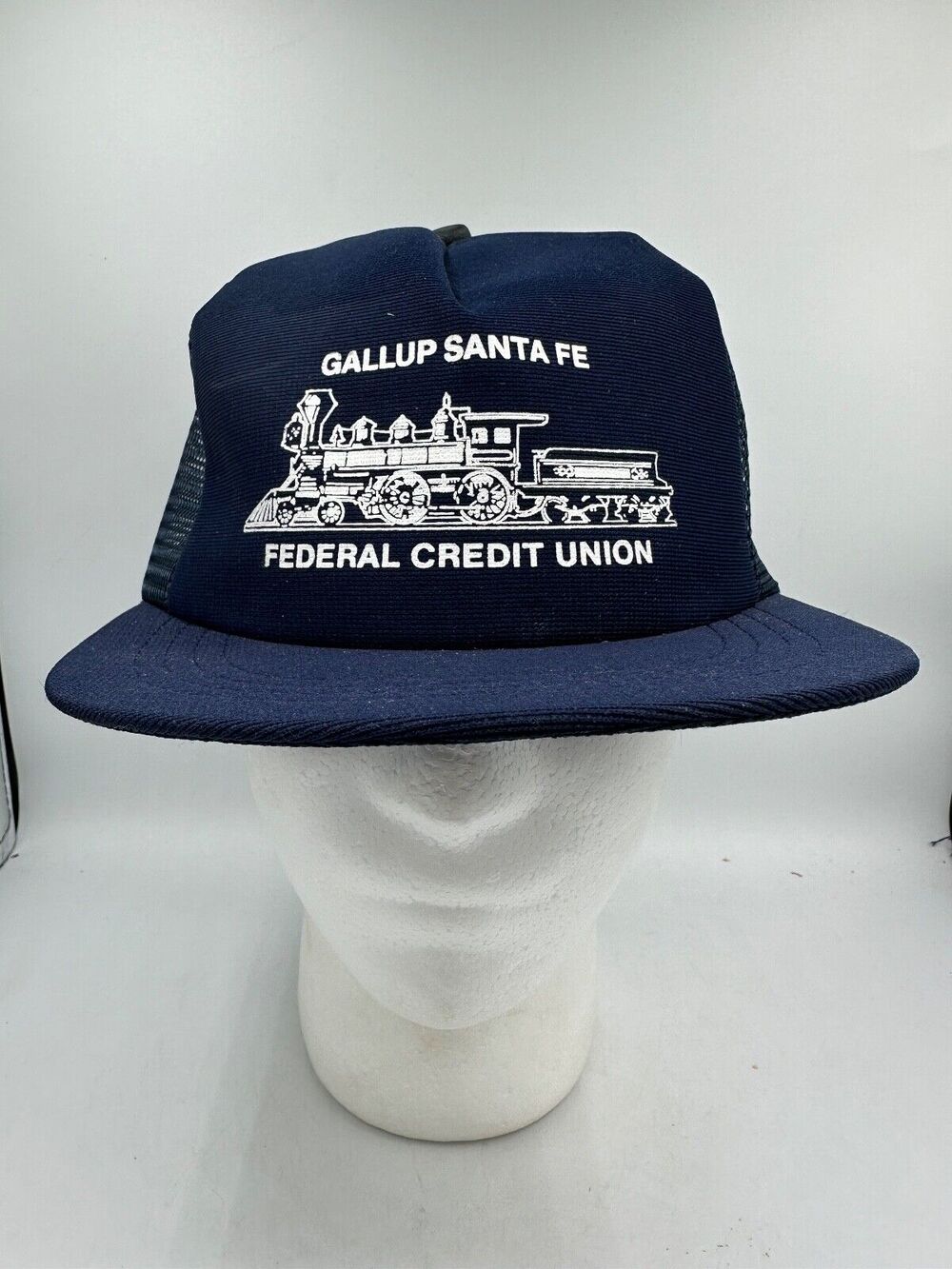 Vtg Train Hat Gallup NM Snapback Trucker Blue Santa Fe Mesh FCU Credit Union